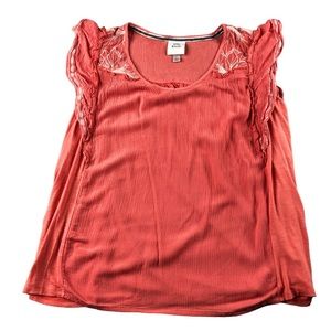 Knox Rose Womens Large Coral Ruffle Cap Sleeve Tank Top, V Neck, Boho, Summer